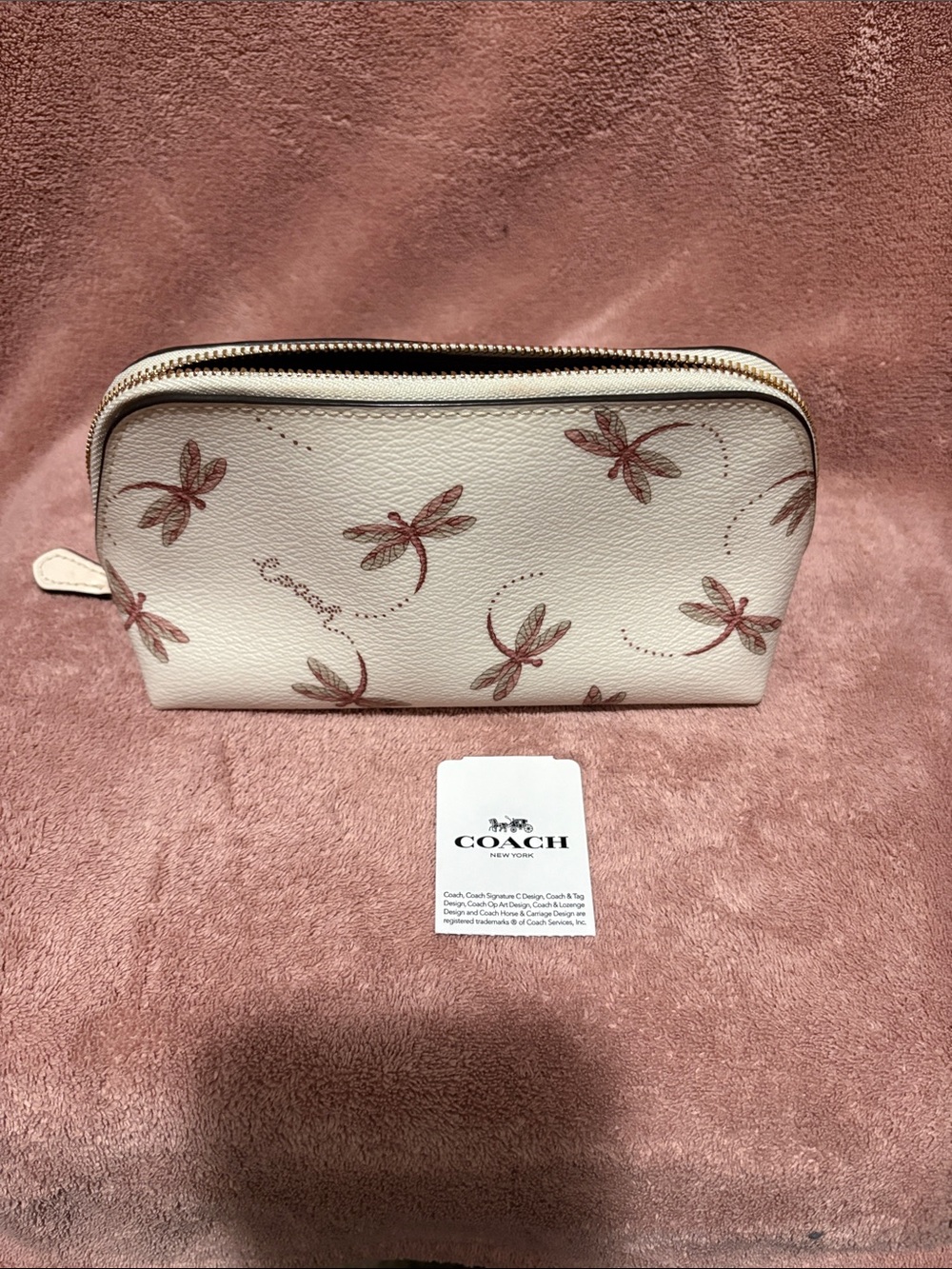 COACH Cream Dragonfly-Print Cosmetic Pouch with Pink Accents